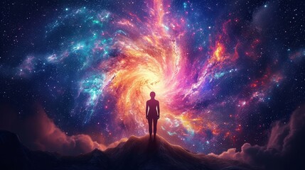 A person silhouetted against a vibrant cosmic backdrop. - obrazy, fototapety, plakaty