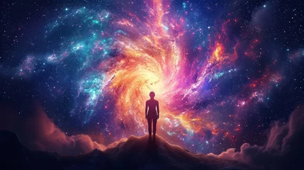 Wall murals Universe A person silhouetted against a vibrant cosmic backdrop.