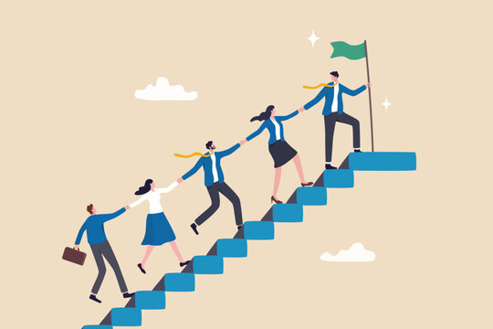 Team support help success, teamwork to progress and success together, company growth step or employee development, team achievement concept, business people team up holding hand help climb up stair.