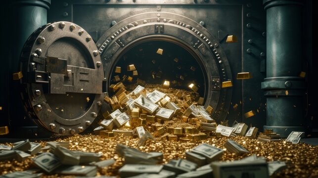 A vault overflowing with gold bars and cash.