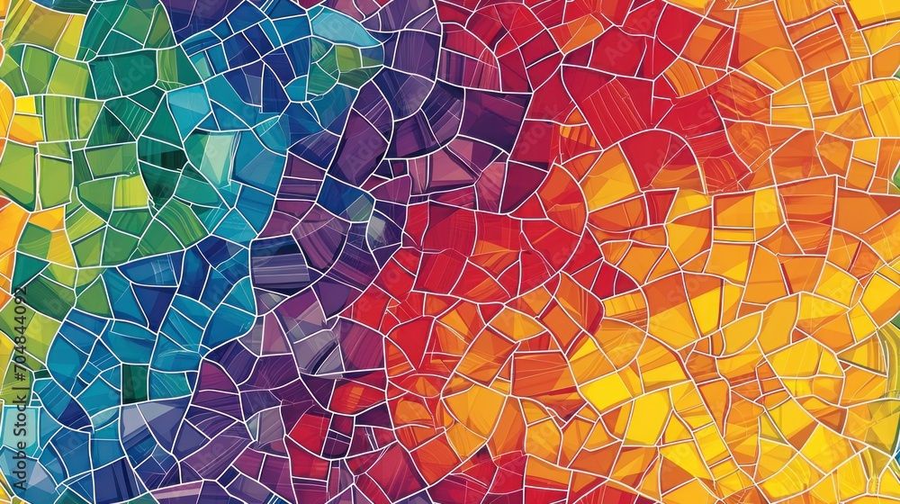 Poster a close up of a multicolored stained glass window with a pattern of squares and rectangles on it.
