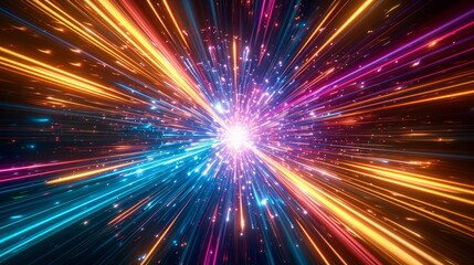 Obraz premium Colorful light streaks radiating from a central bright light source.