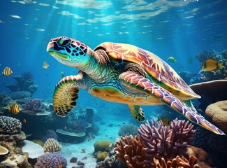 Fototapeta na wymiar Green sea turtle swimming in the ocean. Underwater photo of sea animal.