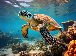 Fototapeta premium Green sea turtle swimming in the ocean. Underwater photo of sea animal.
