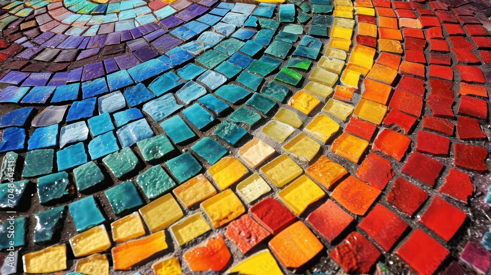 Poster a close up of a multicolored tile with a circular design in the middle of the tile, with the colors 