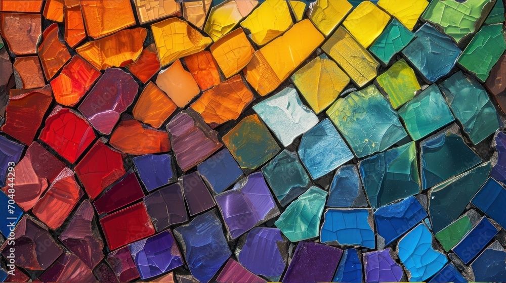 Poster a close up of a multicolored wall made up of squares and rectangles of different sizes and colors.