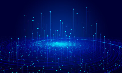Blue particle line spiral vortex and ray, Internet technology background.