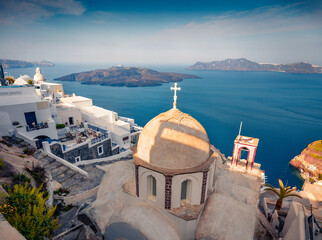 Attractive morning view of Santorini island with old dome. Captivating summer scene of famous Greek resort - Fira, Greece, Europe. Traveling concept background. - obrazy, fototapety, plakaty
