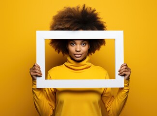 Portrait of a young African American woman in yellow sweater holding frame
