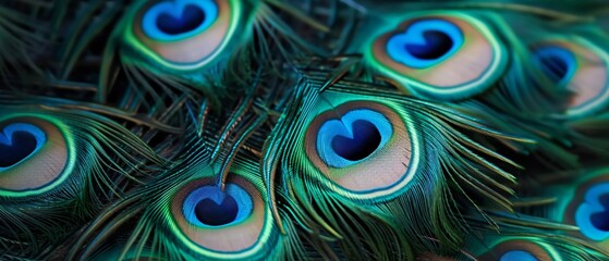 Blue peacock feathers close up. bright background the pattern of peacock`s tail