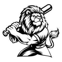 Angry Lion. Baseball team logo. Lion mascot, emblem of a lion on a white background. Lion vector illustration. Black-and-white version - obrazy, fototapety, plakaty