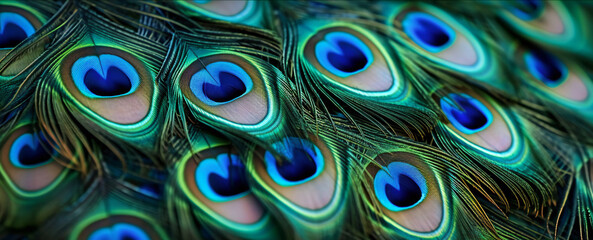 Blue peacock feathers close up. bright background the pattern of peacock`s tail