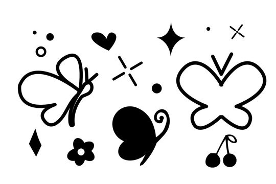 Baterfly with cute flowers, rainbow, burst set in doodle style isolated on white background. Sketch drawing, cartoon.