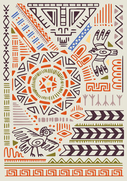 Abstract tribal background. Traditional animals symbols, ancient cultural elements, geometric figures of Aztec pattern. Ethnic poster, ornamental wall art in boho style. Flat vector illustration
