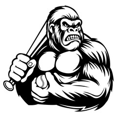 Gorilla mascot,  Angry Gorilla. Baseball team logo. emblem of a Gorilla on a white background. Gorilla vector illustration. Black-and-white version © EkoZero7