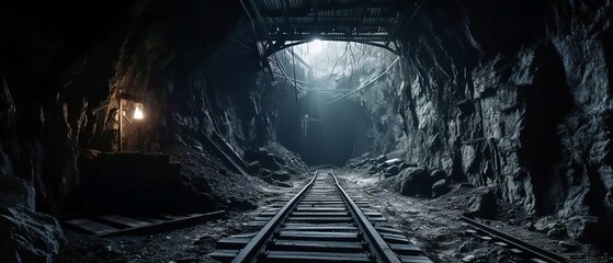 Eerie underground tunnel with abandoned train track. - obrazy, fototapety, plakaty