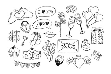 Obraz premium Valentine's Day doodle elements set. Different romantic hand drawn objects. Vector illustration isolated on white background.