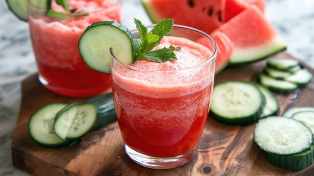  two glasses of watermelon and cucumber drink on a cutting board with slices of cucumbers.
