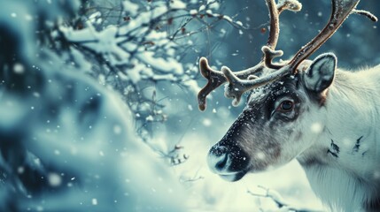  a close up of a reindeer with antlers on it's head and snow on the ground behind it.