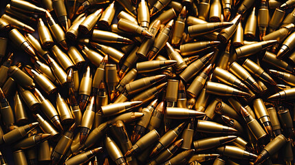 Many bullet shells on pile together as military background. Postproducted generative AI illustration.