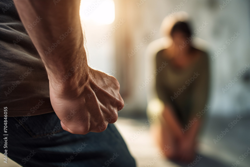 Wall mural aggressive man with clenched fist with woman in blurry background