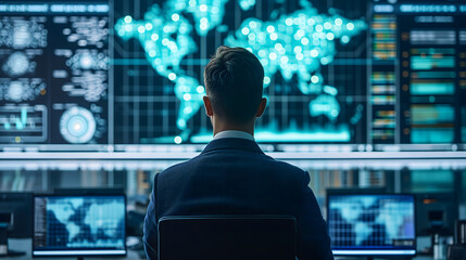 IT security officer cybersecurity analyst to cyber threat on many panel of super computer background.