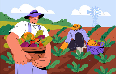 Obraz na płótnie Canvas Farmers at agriculture works. Rural workers picking crops. Gardeners collecting vegetables at farm field. Person holds basket with harvest. People at farmland landscapes. Flat vector illustration