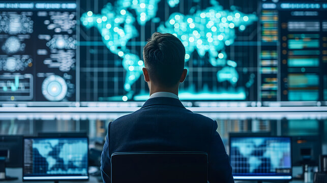 IT security officer cybersecurity analyst to cyber threat on many panel of super computer background.