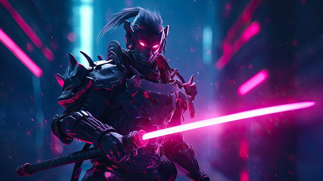 Standing samurai warrior with neon illuminated katana sword. Postproducted generative AI illustration.