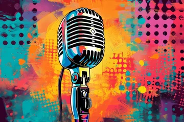 Gordijnen A colorful illustration of a vintage microphone against a pop art background. © ParinApril