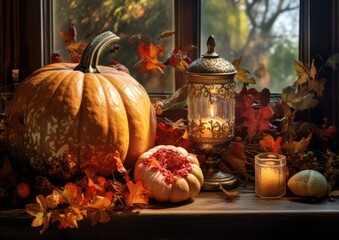 A hyperrealistic still life composition featuring a Thanksgiving pumpkin, surrounded by various