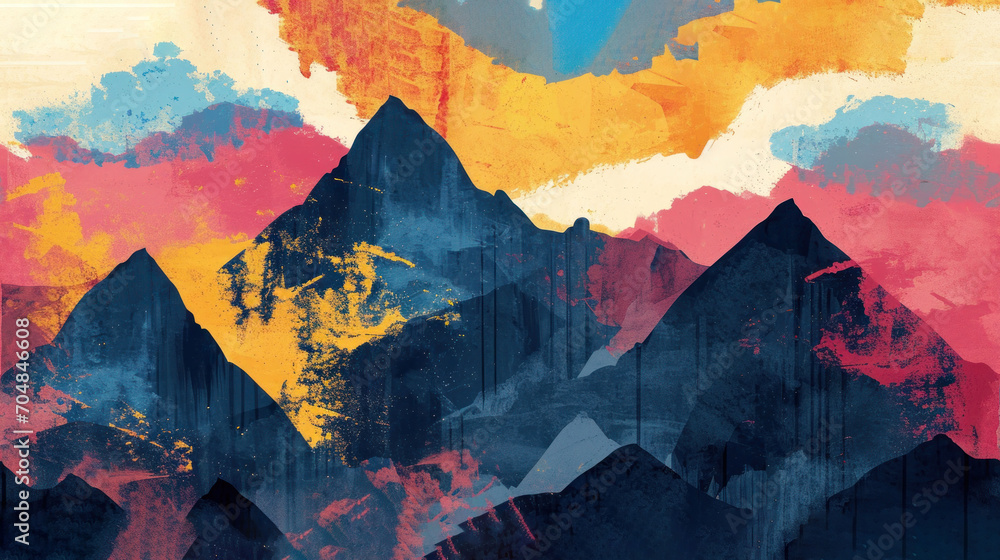Poster a painting of a mountain range with a colorful sky in the background and clouds in the middle of the