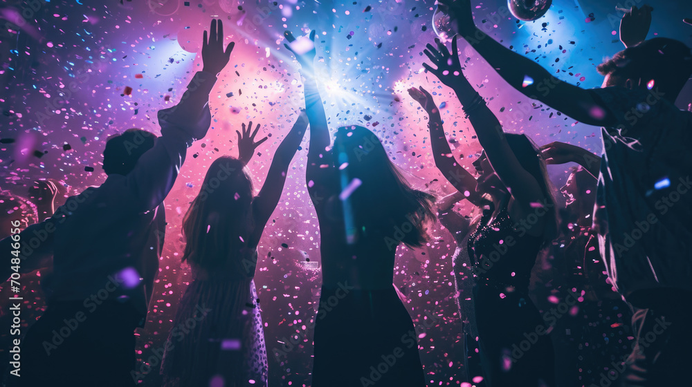 Poster dynamic scene of people dancing and celebrating at a party or club with confetti in the air and colo