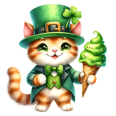 Cute leprechaun Cat Clipart  holding St. Patrick's Day-themed ice cream