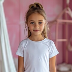 portrait of a girl with her hair in a ponytail, dressed in a white straight T-shirt, stands against the background of the interior of a pink room, full-face, blank T shirt for use as mockup with blank