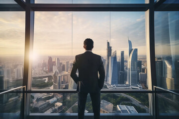 Fototapeta premium A successful businessman in a suit looks out the window at the c