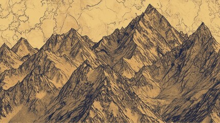  a drawing of a mountain range in sepia and black ink on a brown paper with a grungy background.