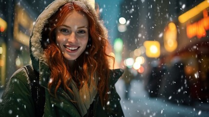 A woman walks through the snowy streets of a big city