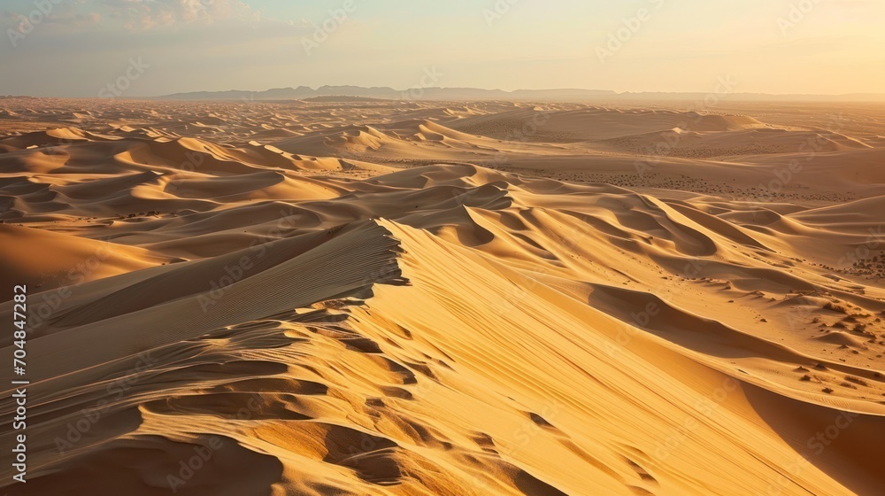 Poster a view of a desert with sand dunes in the foreground and a blue sky in the background with a few clo