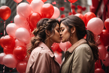 Two Pretty Sexy Stylish Cool Generation Z Girls LGBTQ Lesbian Couple Dating In Valentine's Day With Red And Pink Balloons Behind