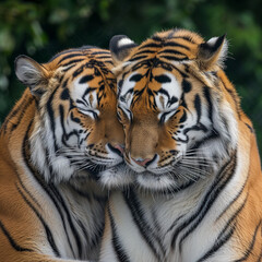 Naklejka premium Two tigers with their heads together in a symmetrical loving pose