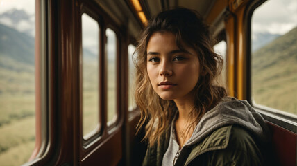 Portrait of a girl on the train with her hair up wearing a casual hoddie, medium shot.