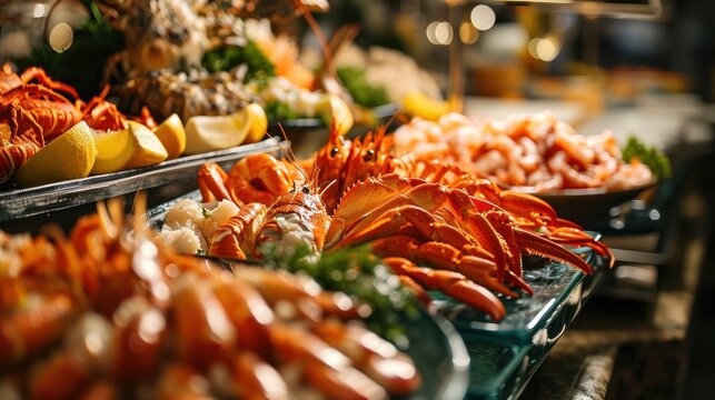 lobsters, lemons, and other seafood are displayed in trays on a buffet table at a restaurant.