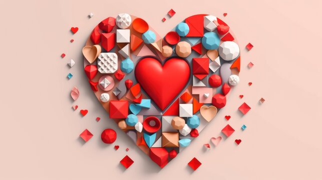 Multicolored heart from shapes and elements, Valentine's Day card, picture in retro style