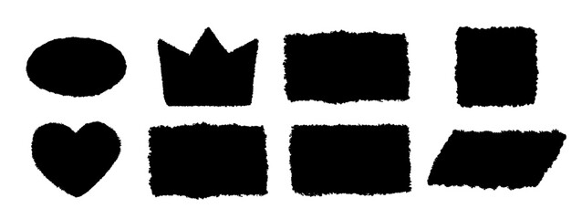 Black rectangle form, crown and heart with jagged edges. Ripped rectangular square grunge shape silhouettes set. Textured vector element collection - obrazy, fototapety, plakaty