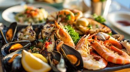  a close up of a plate of food with shrimp, mussels, broccoli and lemon wedges.
