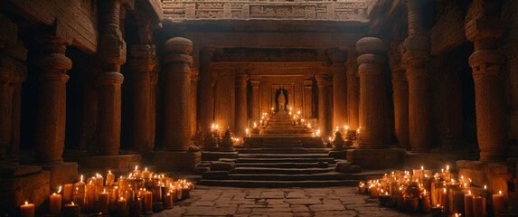 Mystical ancient temple with steps made of stone, on the sides of the stairs are altars with a bright red fire, the entrance to the temple is surrounded by columns, it is dark inside. - Powered by Adobe