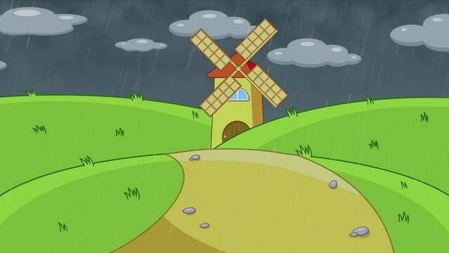 A Windmill On The Hills On A Rainy Day With Thunder And Lightning. 
Changing To A Sunny Day 4k Animation Stock Footage Looped 