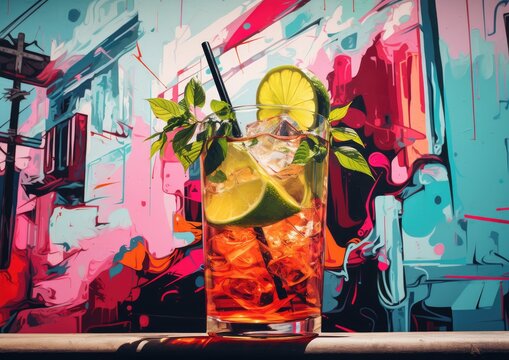 A mojito cocktail placed on a vibrant, graffiti-covered wall in a bustling city street. The image