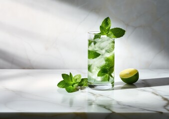A mojito cocktail served in a modern, minimalist glass, placed on a sleek marble countertop. The